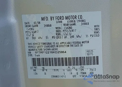 2008 Ford F-150 Stx/Xl/Xlt из США, поврежденный, VIN 1FTRF12218KD25864